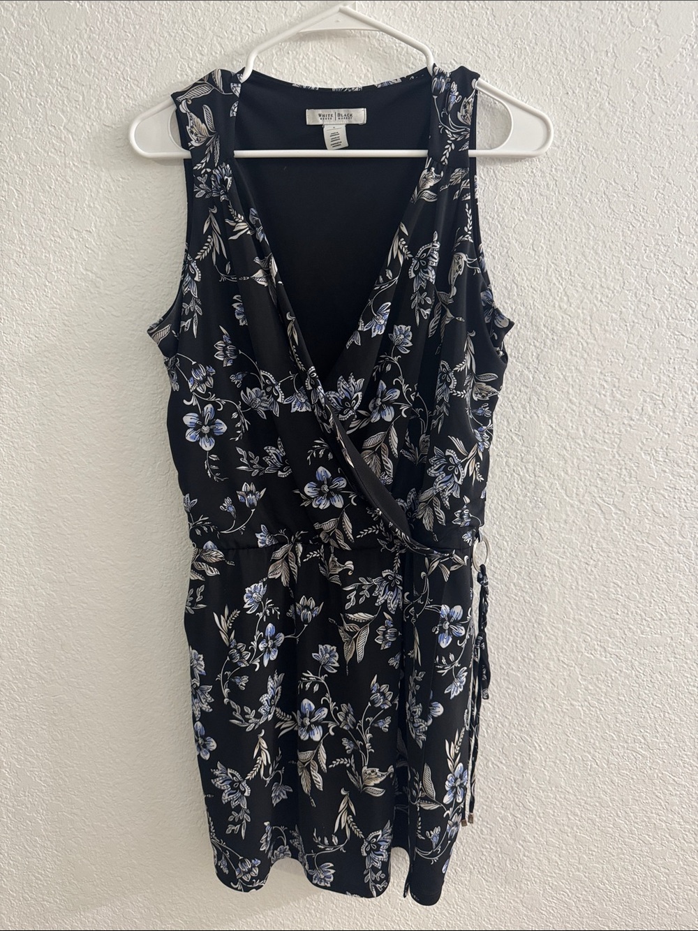 a.n.a Black Floral Wrap Mini Romper with Blue and Cream Blooms